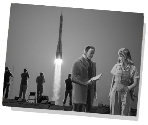 a black and white image of a rocket being launched into space. in the foreground abella stands and is speaking to a man in a suit holding what appears to be papers or a clipboard. behind them to the left stand four people taking pictures of the lauch or looking on in awe.